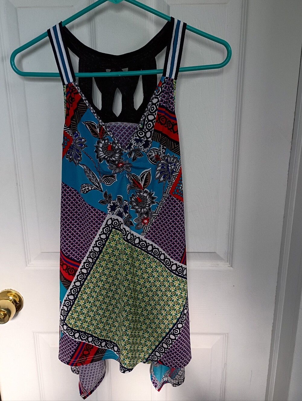 Boho Floral Flowy Patchwork Tank Dress in Blue and Multicolor